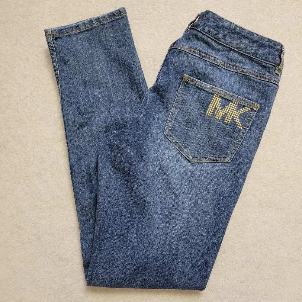 EUC Michael Kors Size 6 Low Rise 5 Pocket Straight Denim Jeans Studded MK Logo